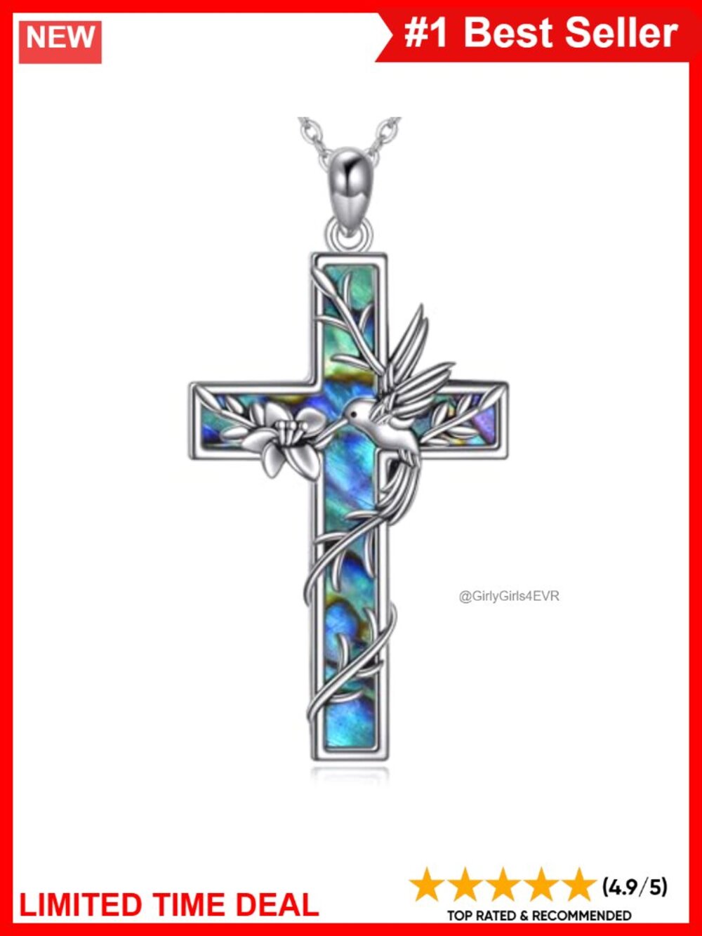 Sterling Silver Abalone Hummingbird Cross Pendant Necklace 18+2 Inch Adjustable